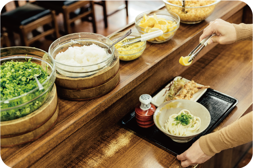 Add-on to your udon with free condiments to create your own taste.